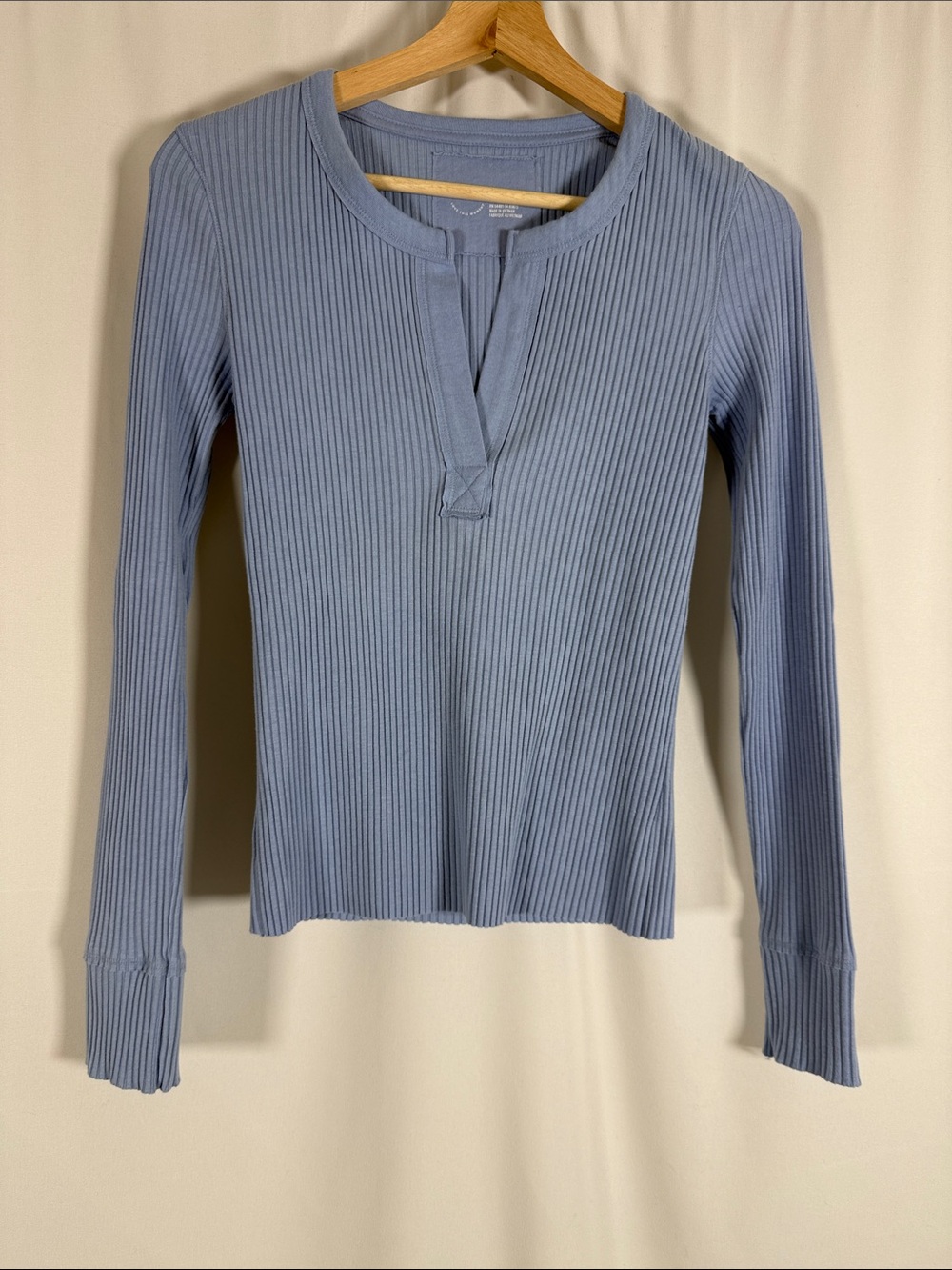 aerie Ribbed Long-Sleeve Henley in Dusty Blue
